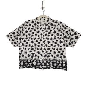 Vintage 70s 80s Crop Button Shirt Hemp Flowers Black White Beach Coastal Lg